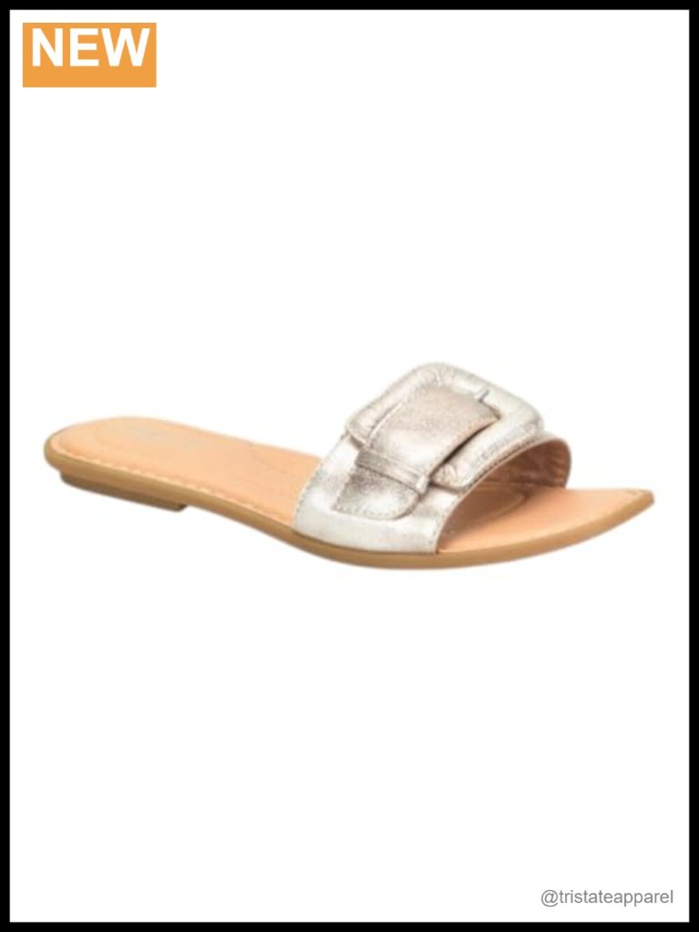 Metallic Leather Slide Sandals Low Heel Buckle Slip On Casual